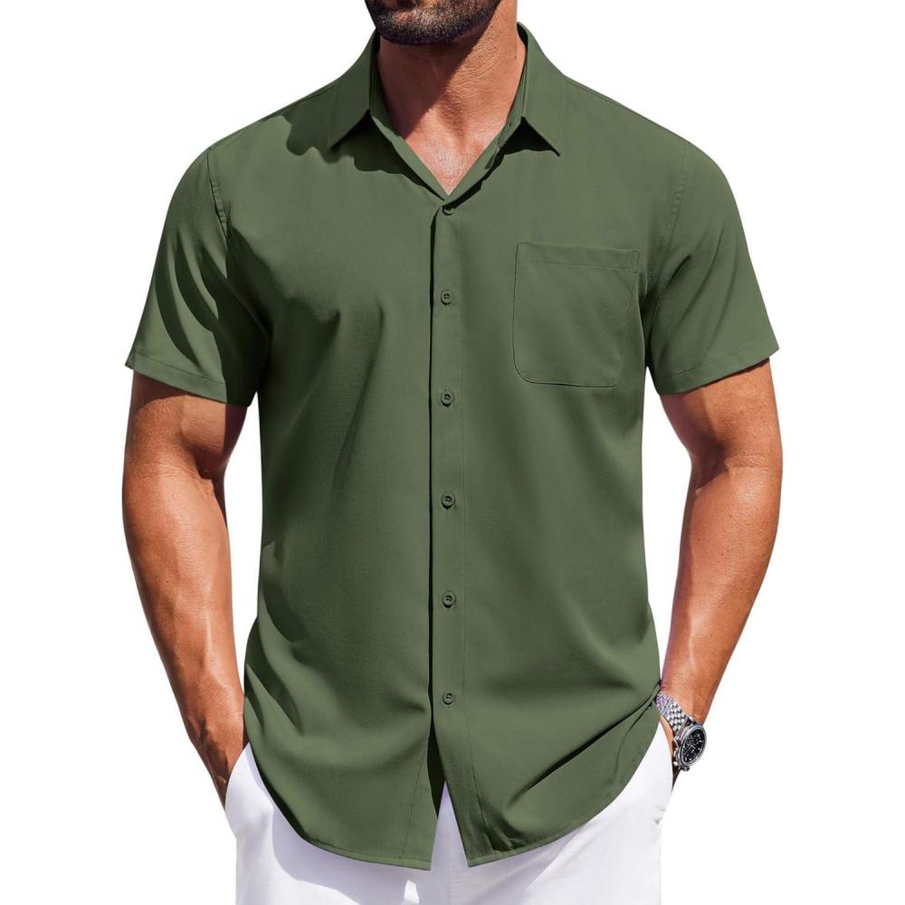 imageCOOFANDY Mens Short Sleeve Button Down Shirts Wrinkle Free Dress Shirt for Men Casual Untucked Shirt with PocketArmy Green