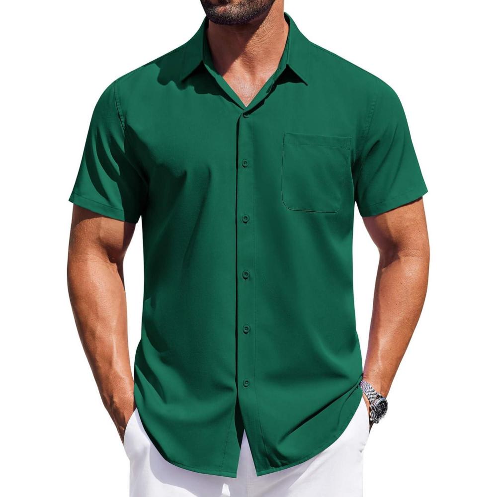 imageCOOFANDY Mens Short Sleeve Button Down Shirts Wrinkle Free Dress Shirt for Men Casual Untucked Shirt with PocketDark Green