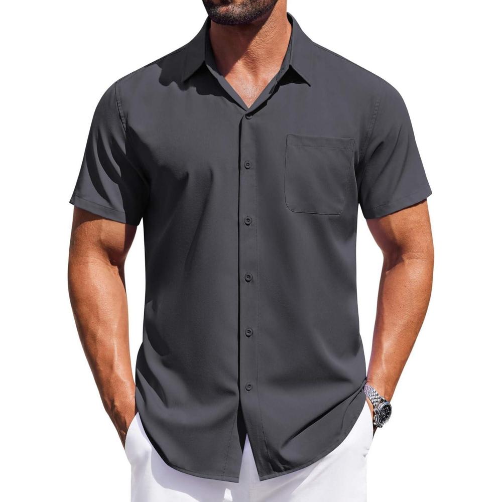 imageCOOFANDY Mens Short Sleeve Button Down Shirts Wrinkle Free Dress Shirt for Men Casual Untucked Shirt with PocketDark Grey