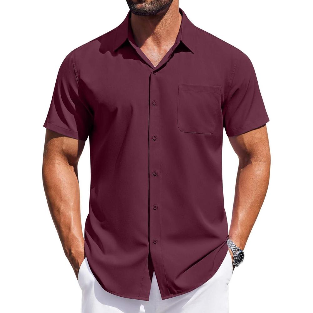 imageCOOFANDY Mens Short Sleeve Button Down Shirts Wrinkle Free Dress Shirt for Men Casual Untucked Shirt with PocketDark Red