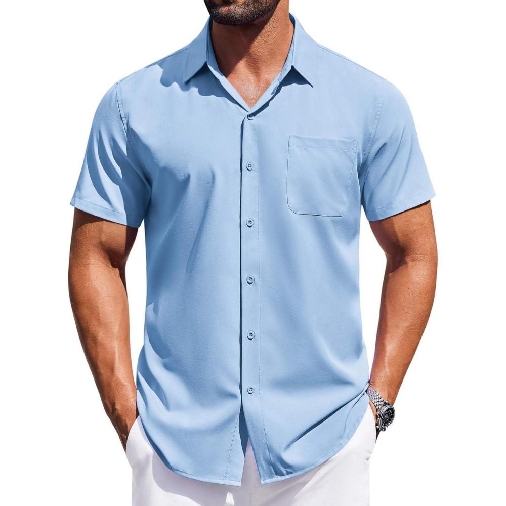imageCOOFANDY Mens Short Sleeve Button Down Shirts Wrinkle Free Dress Shirt for Men Casual Untucked Shirt with PocketLight Blue