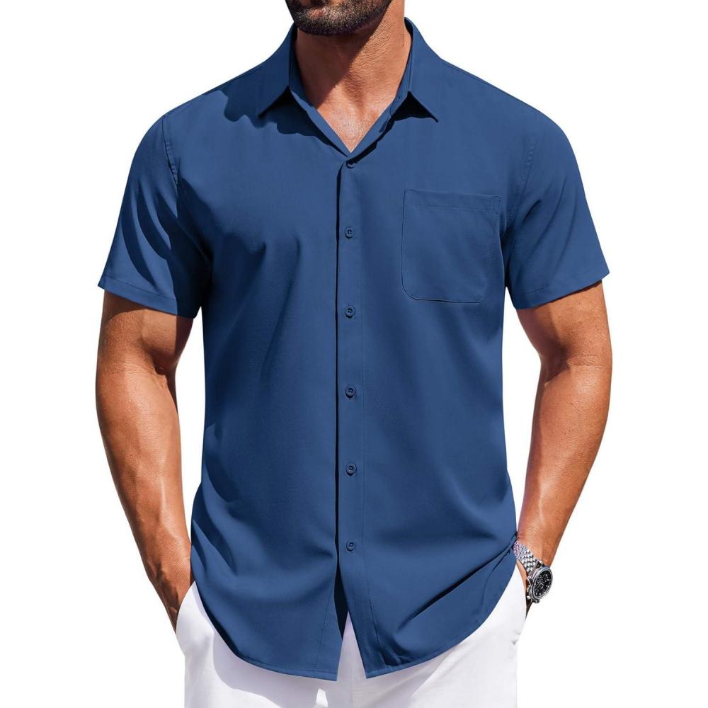 imageCOOFANDY Mens Short Sleeve Button Down Shirts Wrinkle Free Dress Shirt for Men Casual Untucked Shirt with PocketNavy