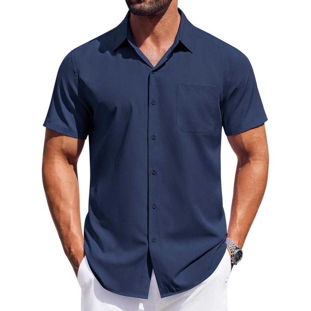 imageCOOFANDY Mens Short Sleeve Button Down Shirts Wrinkle Free Dress Shirt for Men Casual Untucked Shirt with PocketNavy Blue