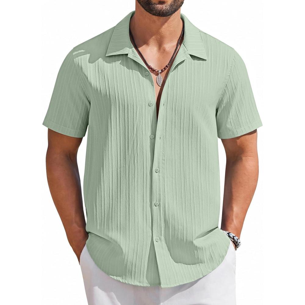 imageCOOFANDY Mens Short Sleeve Casual Button Down Shirts Textured Summer Beach ShirtLight Green