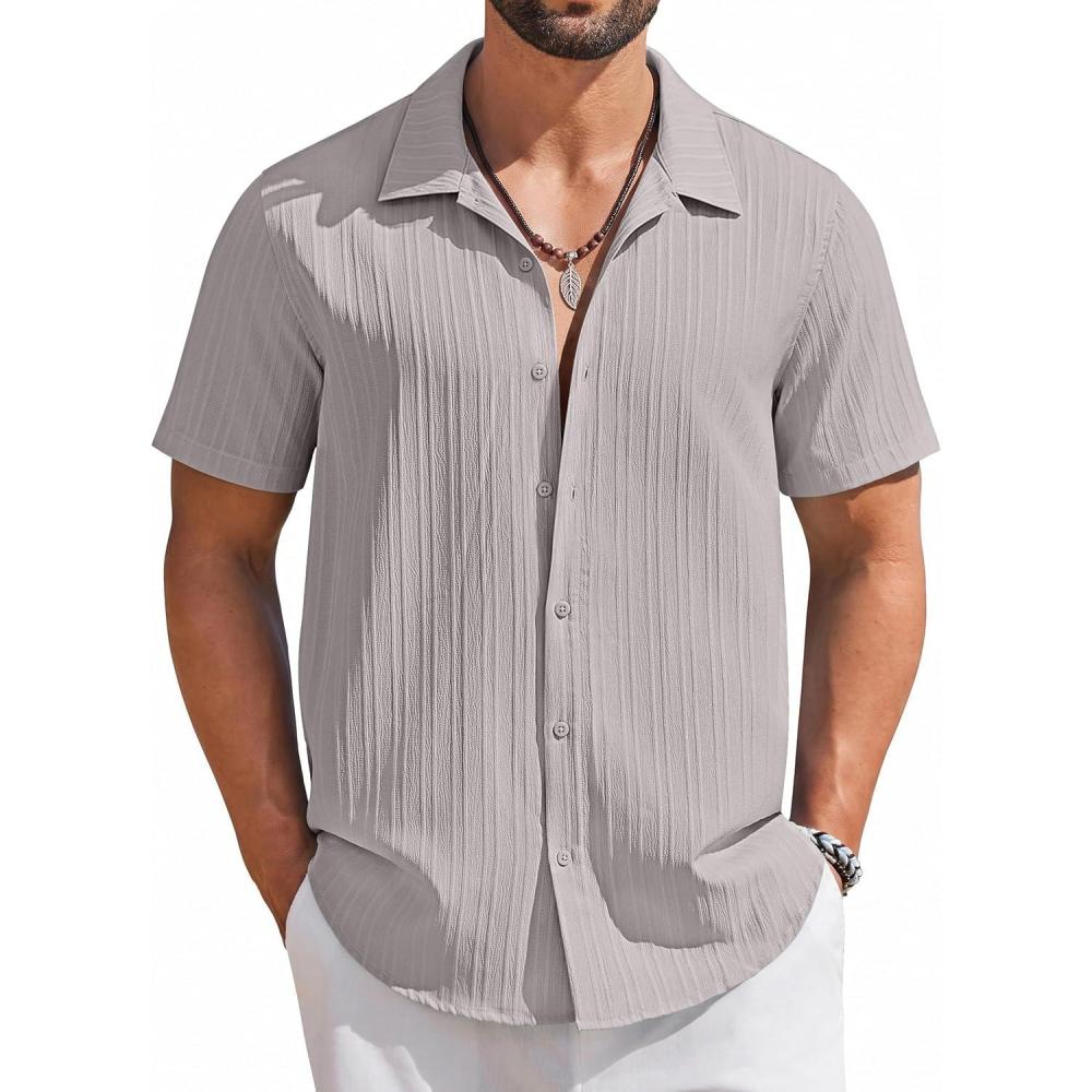 imageCOOFANDY Mens Short Sleeve Casual Button Down Shirts Textured Summer Beach ShirtLight Grey