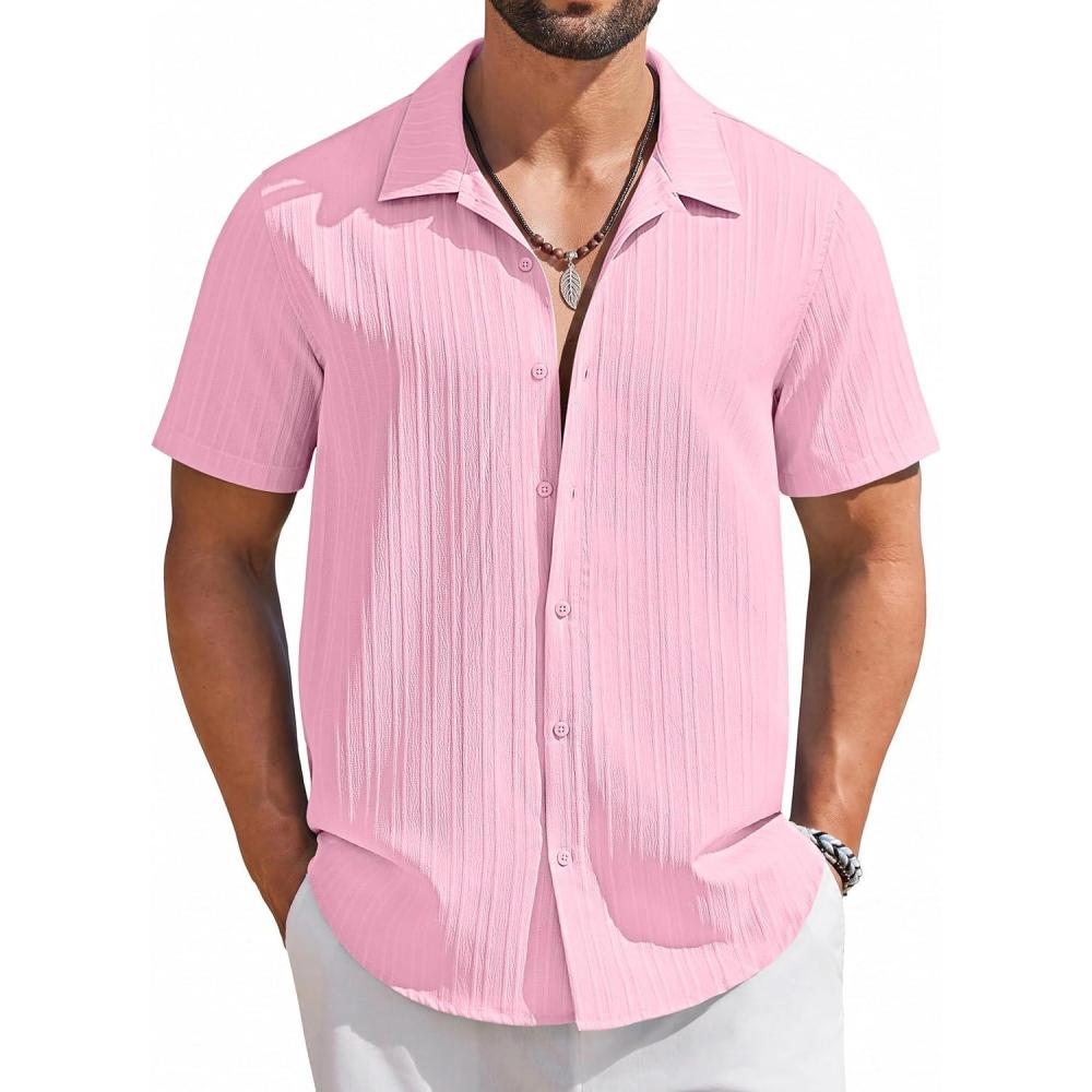 imageCOOFANDY Mens Short Sleeve Casual Button Down Shirts Textured Summer Beach ShirtPink