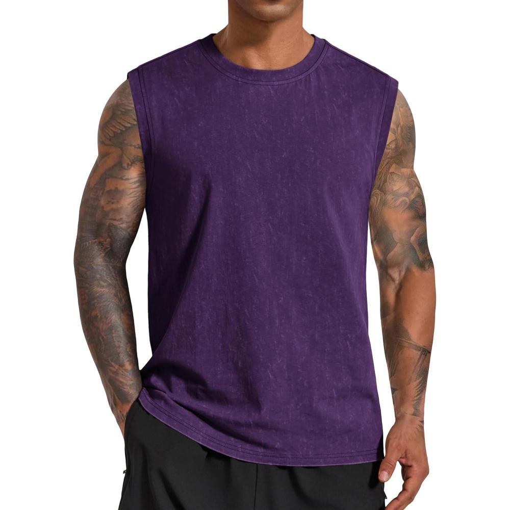 imageCOOFANDY Mens Sleeveless Shirts Cotton Workout Tank Tops Muscle Cut Off Shirt Summer Beach Casual Oversized Washed TeePurple