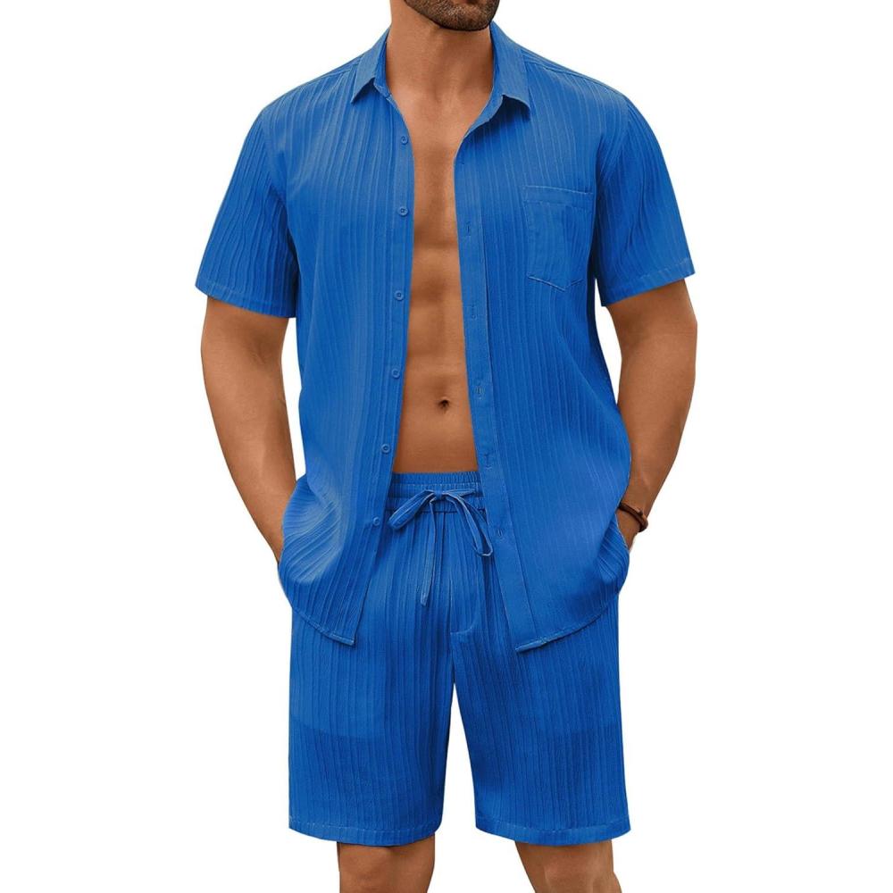 imageCOOFANDY Mens Summer Beach Outfits 2 Piece Short Sets Shirts and Shorts Vacation Texture Linen Sets for MenBlue