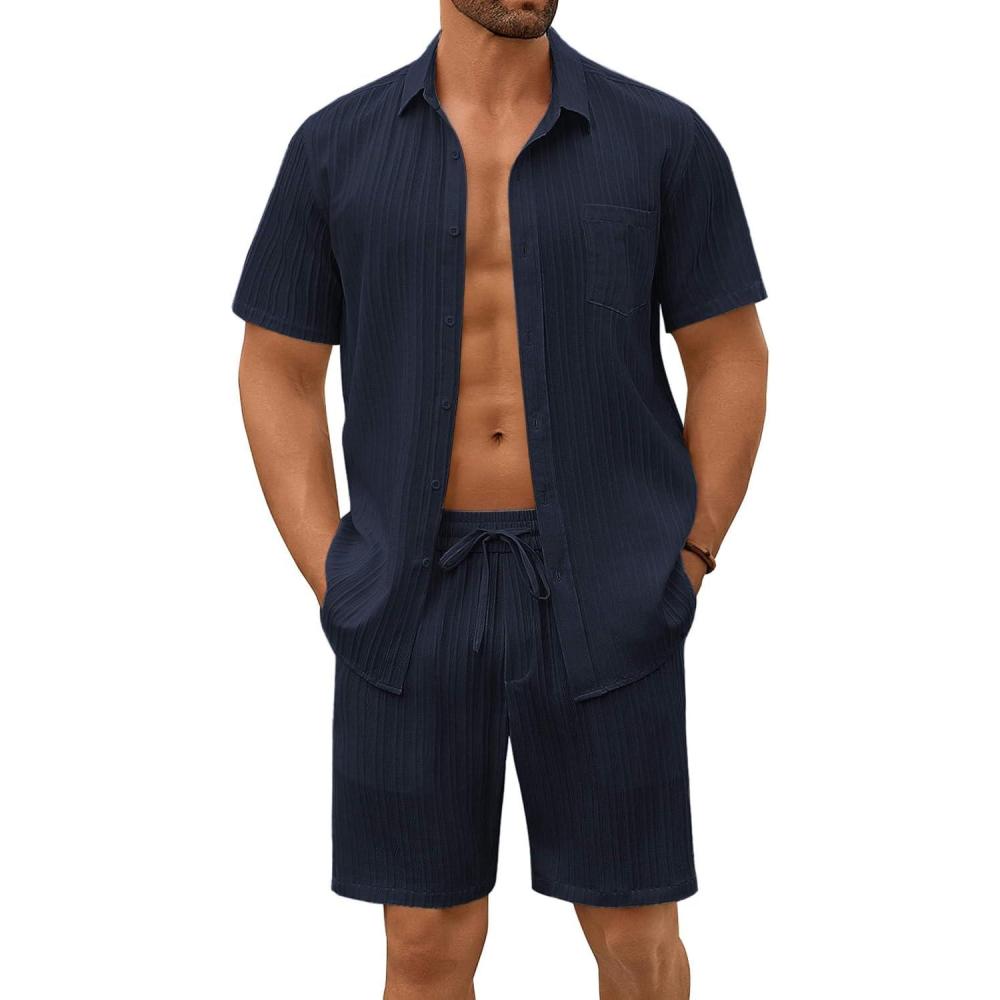 imageCOOFANDY Mens Summer Beach Outfits 2 Piece Short Sets Shirts and Shorts Vacation Texture Linen Sets for MenBlue Purple