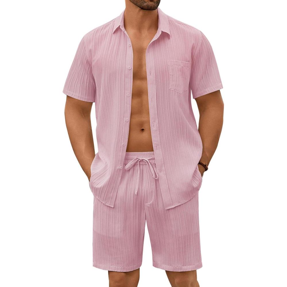 imageCOOFANDY Mens Summer Beach Outfits 2 Piece Short Sets Shirts and Shorts Vacation Texture Linen Sets for MenDark Pink