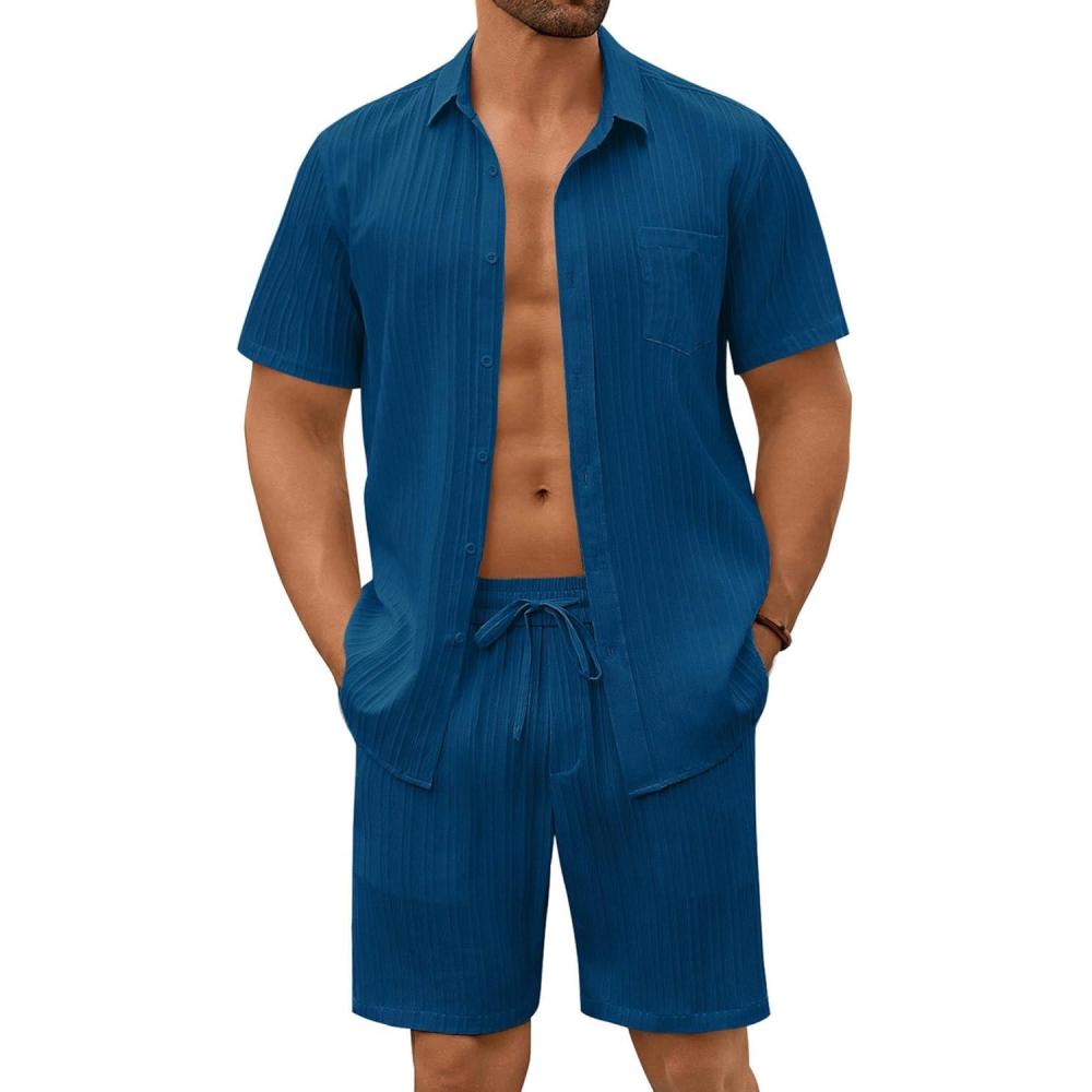 imageCOOFANDY Mens Summer Beach Outfits 2 Piece Short Sets Shirts and Shorts Vacation Texture Linen Sets for MenDeep Blue