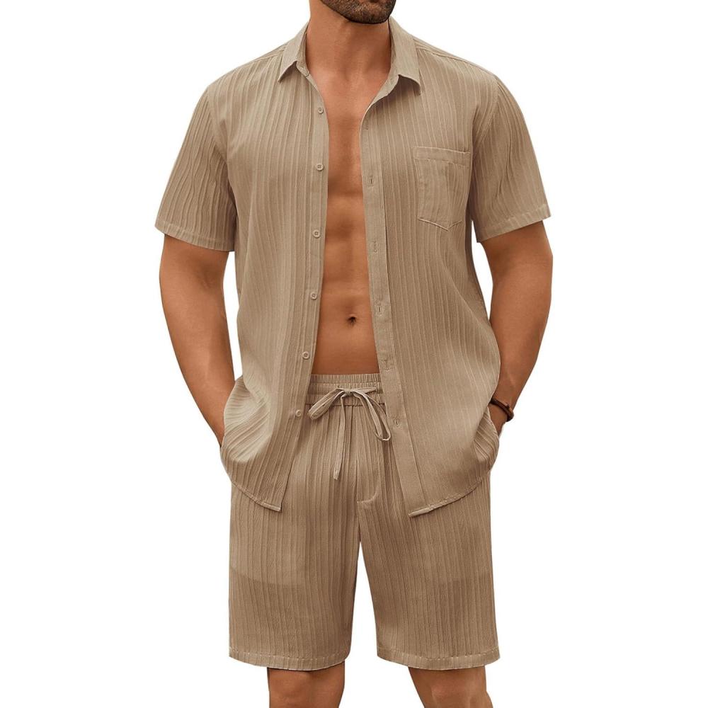 imageCOOFANDY Mens Summer Beach Outfits 2 Piece Short Sets Shirts and Shorts Vacation Texture Linen Sets for MenKhaki