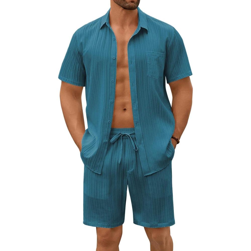 imageCOOFANDY Mens Summer Beach Outfits 2 Piece Short Sets Shirts and Shorts Vacation Texture Linen Sets for MenLake Green