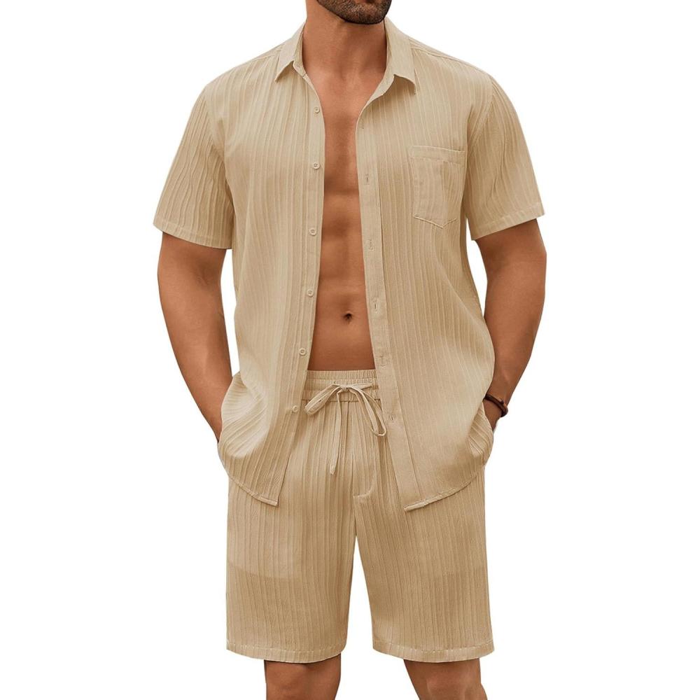 imageCOOFANDY Mens Summer Beach Outfits 2 Piece Short Sets Shirts and Shorts Vacation Texture Linen Sets for MenLight Brown