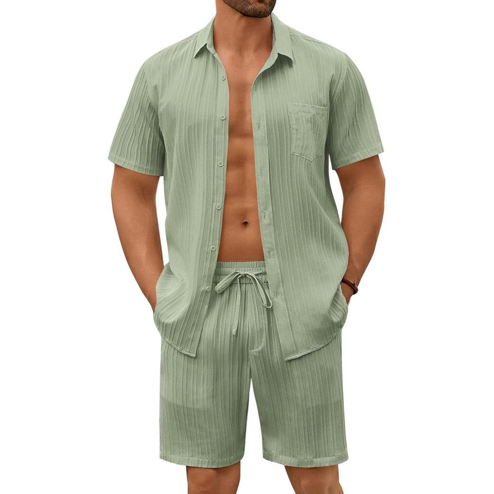 imageCOOFANDY Mens Summer Beach Outfits 2 Piece Short Sets Shirts and Shorts Vacation Texture Linen Sets for MenLight Green