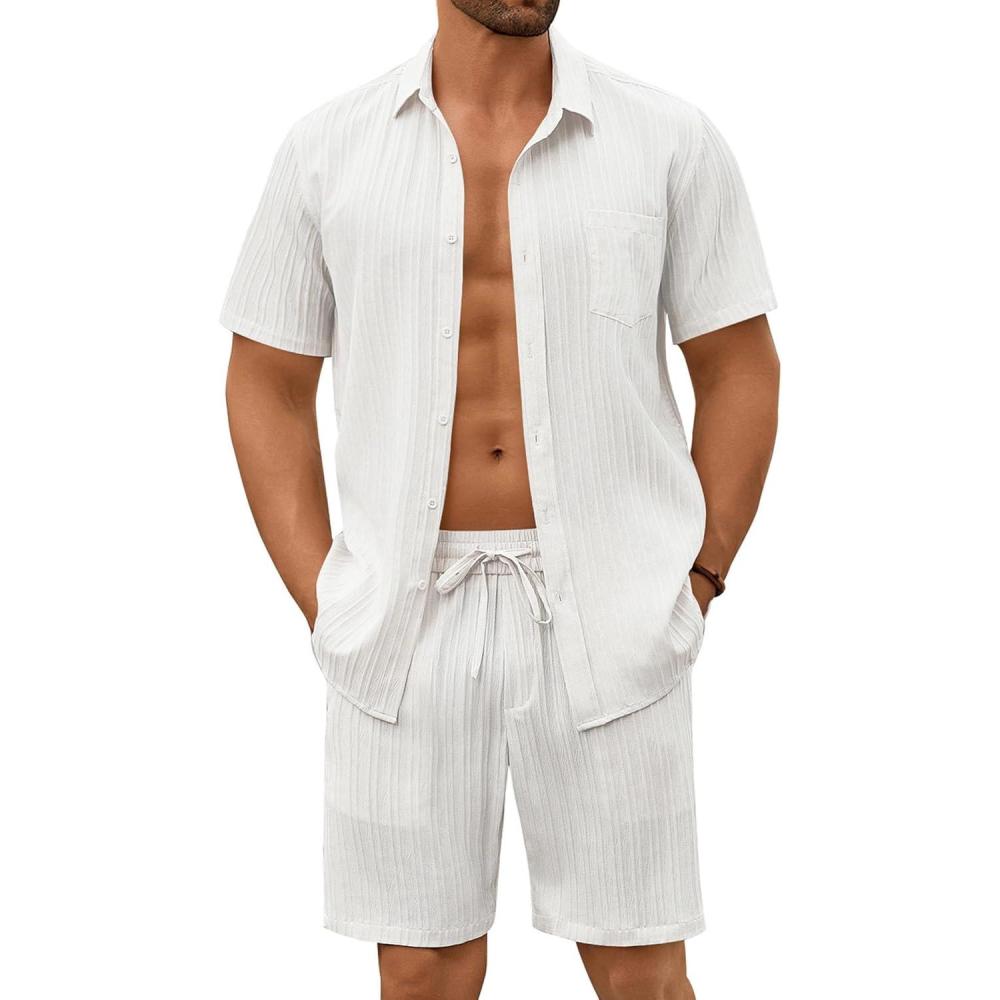 imageCOOFANDY Mens Summer Beach Outfits 2 Piece Short Sets Shirts and Shorts Vacation Texture Linen Sets for MenWhite