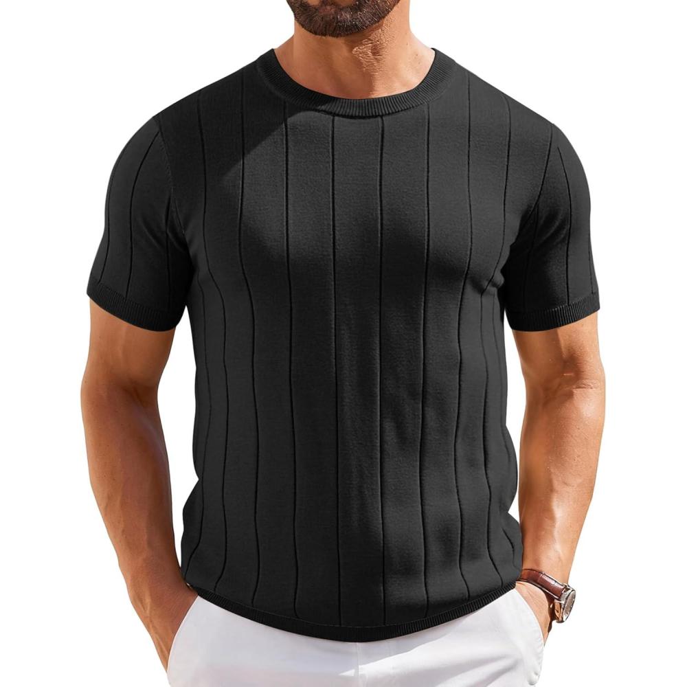 imageCOOFANDY Mens TShirts Short Sleeve Crewneck Knit Shirts Summer Ribbed Textured Tee ShirtsB Black