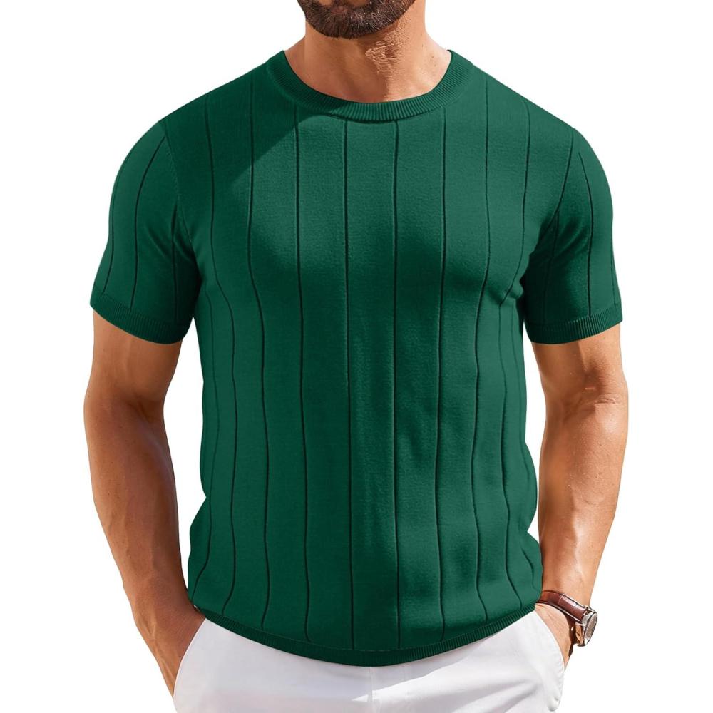 imageCOOFANDY Mens TShirts Short Sleeve Crewneck Knit Shirts Summer Ribbed Textured Tee ShirtsB Deep Green