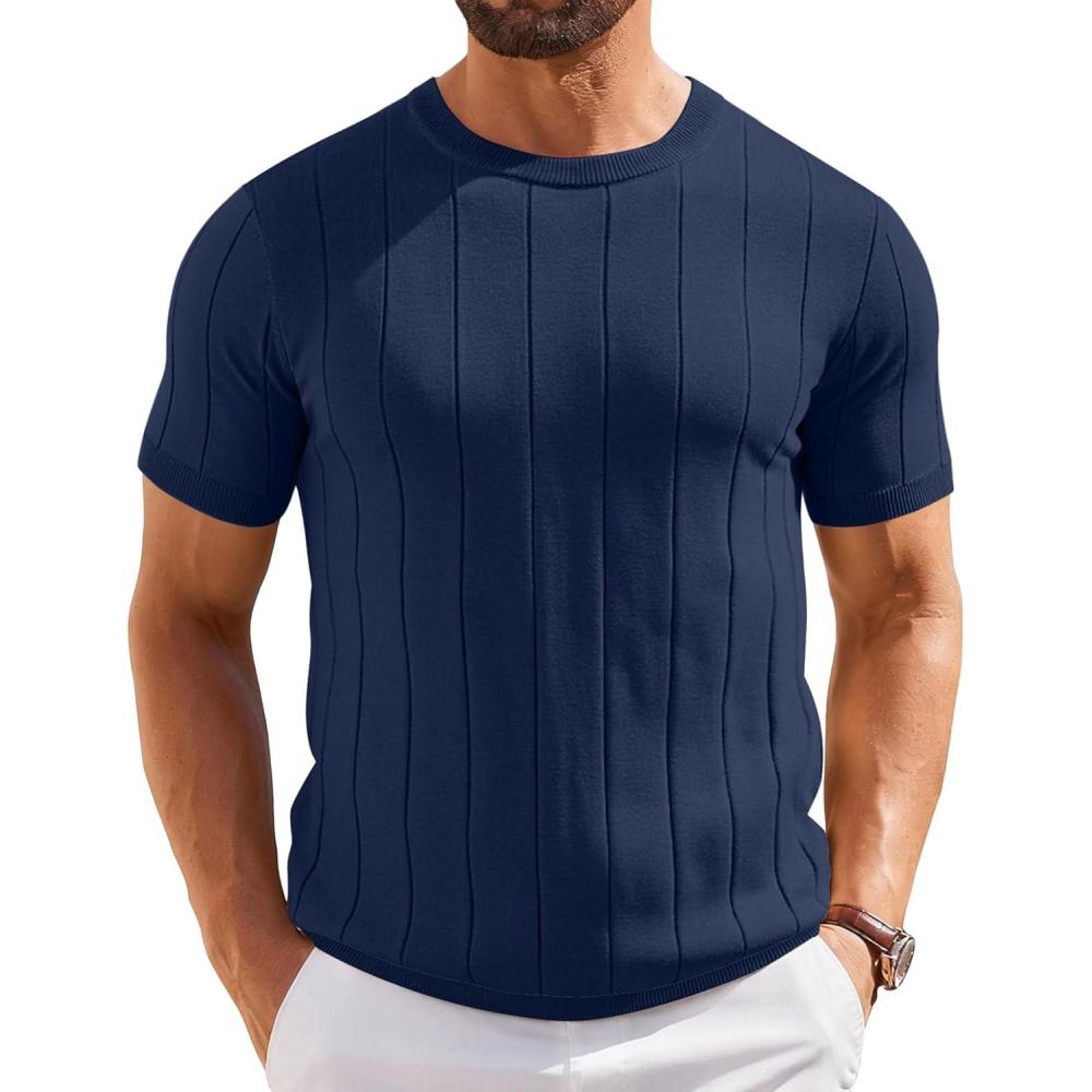 imageCOOFANDY Mens TShirts Short Sleeve Crewneck Knit Shirts Summer Ribbed Textured Tee ShirtsB Navy Blue