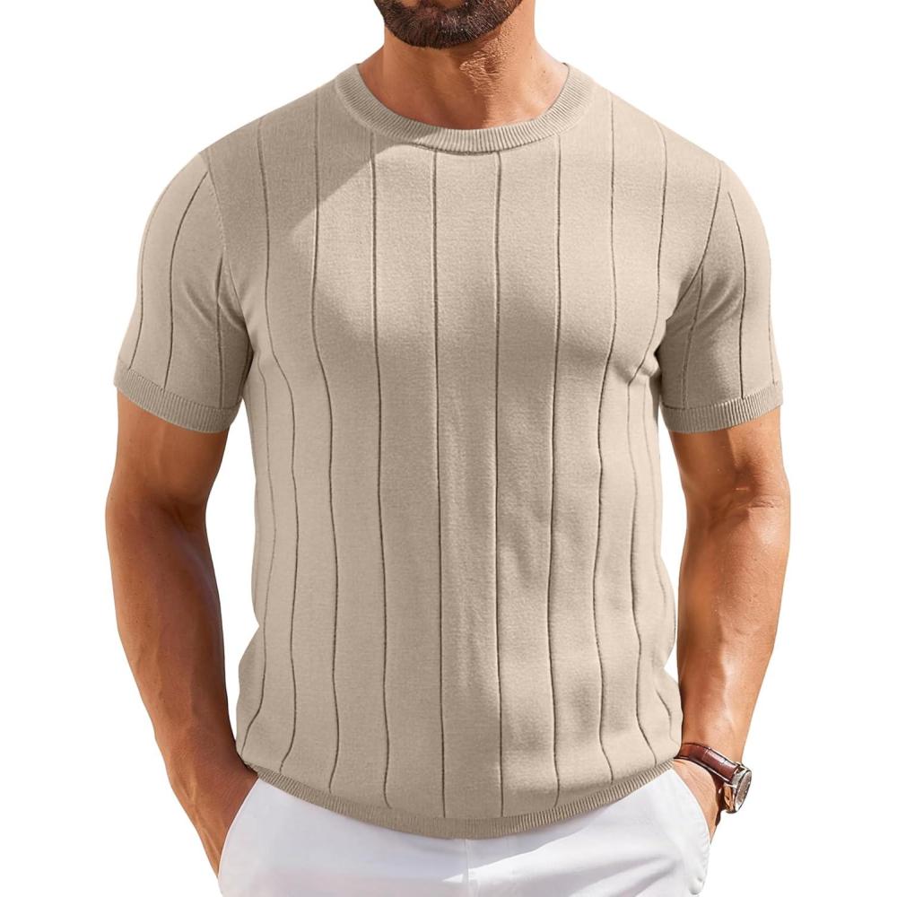 imageCOOFANDY Mens TShirts Short Sleeve Crewneck Knit Shirts Summer Ribbed Textured Tee ShirtsLight Khaki