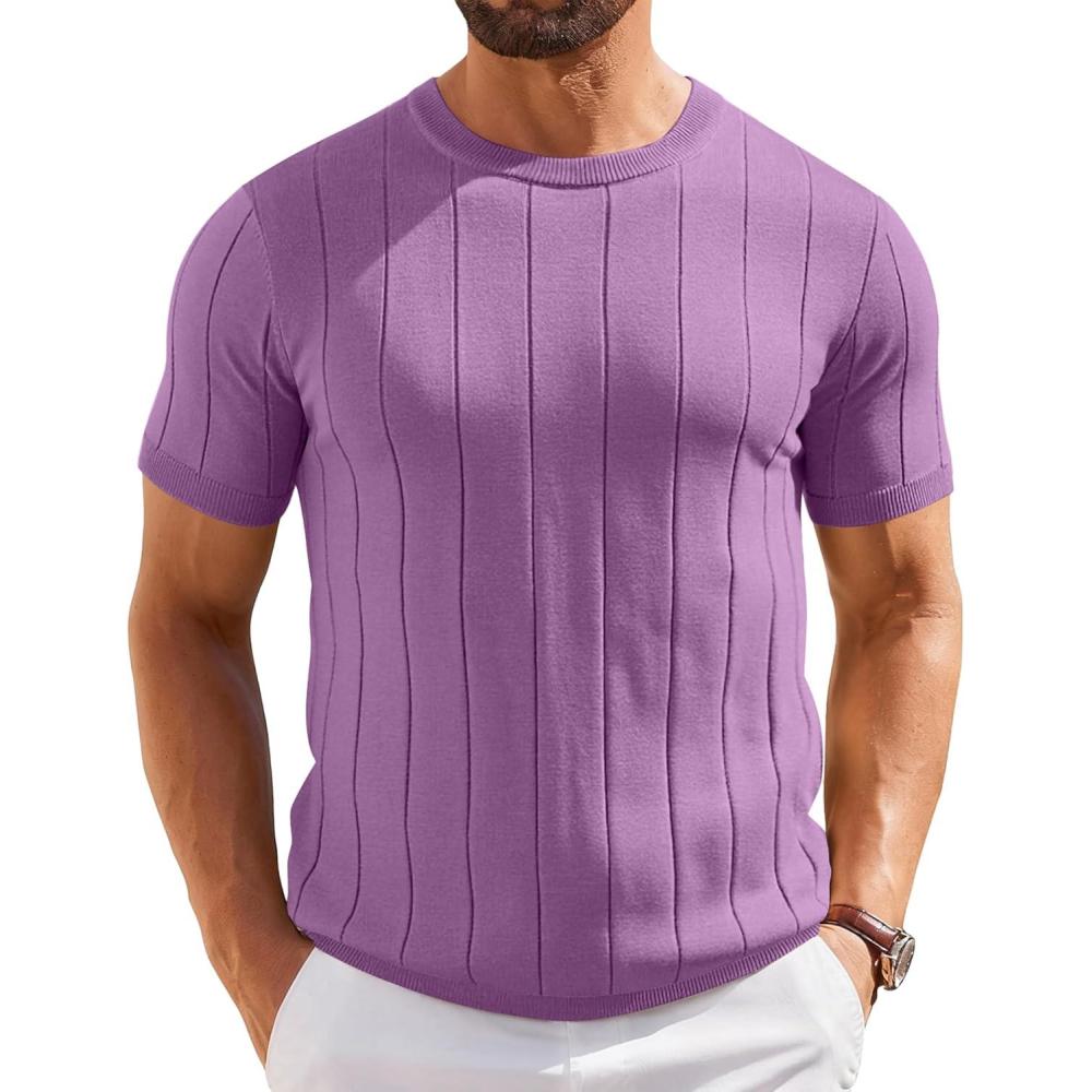 imageCOOFANDY Mens TShirts Short Sleeve Crewneck Knit Shirts Summer Ribbed Textured Tee ShirtsViolet