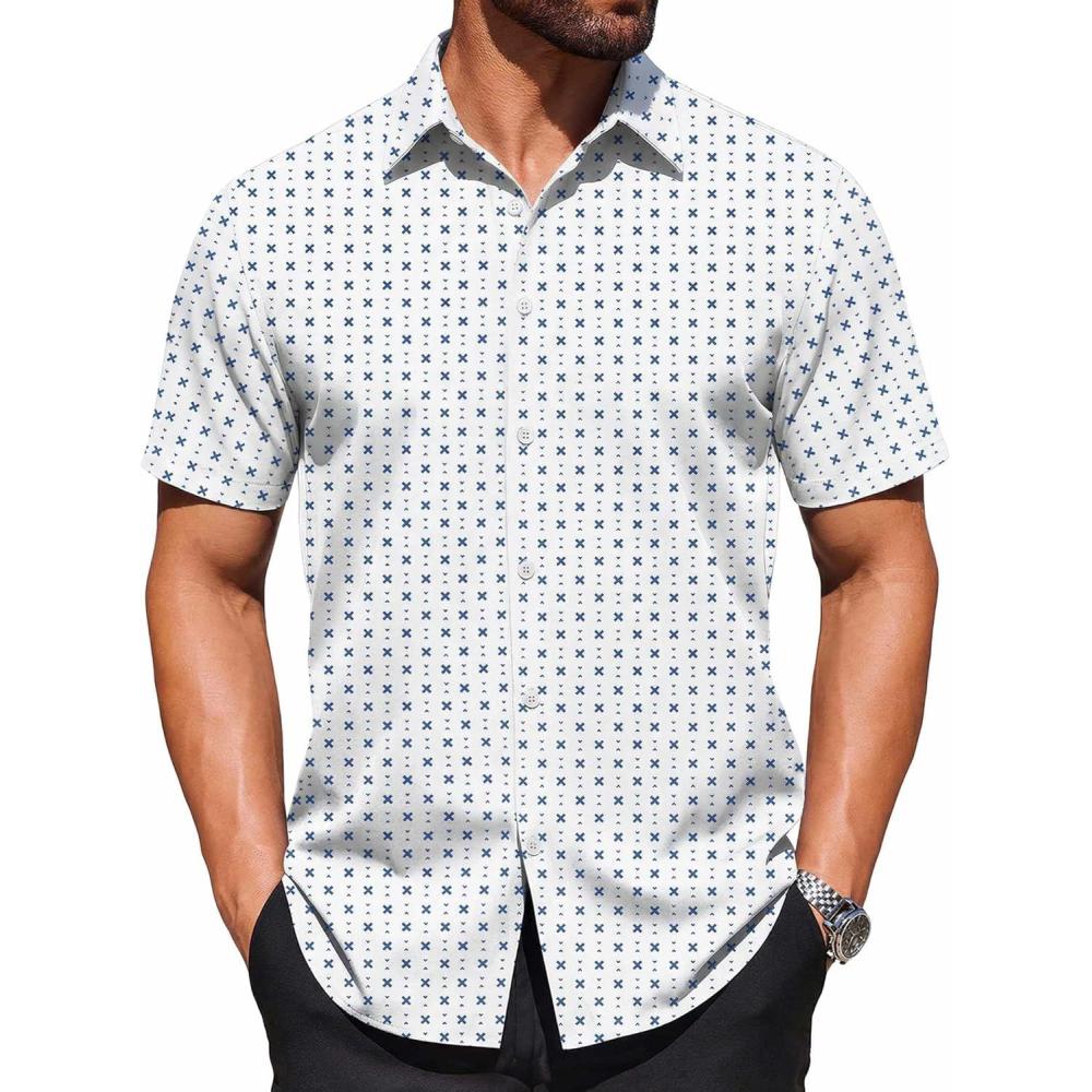 imageCOOFANDY Mens Wrinkle Free Dress Shirt Polka Dot Short Sleeve Button Down Business Casual ShirtsWhiteblue Plus Sign