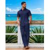 COOFANDY Mens 2 Piece Sets Summer Outfits Short Sleeve Button Down Shirt Loose Pant Sets Beach Vacation Outfits(Navy Blue)