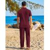 COOFANDY Mens 2 Piece Sets Summer Outfits Short Sleeve Button Down Shirt Loose Pant Sets Beach Vacation Outfits(Wine Red)