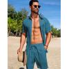 COOFANDY Men’s Summer Beach Outfits 2 Piece Short Sets Shirts and Shorts Vacation Texture Linen Sets for Men(Lake Green)
