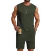 COOFANDY Men’s 2 Piece Outfits Beach Knit Jacquard Sleeveless Shirt and Shorts Sets Summer Athletic Vacation Set(Army Green)