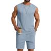COOFANDY Men’s 2 Piece Outfits Beach Knit Jacquard Sleeveless Shirt and Shorts Sets Summer Athletic Vacation Set(Light Blue)