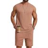 COOFANDY Men’s 2 Piece Outfits Beach Knit Jacquard Sleeveless Shirt and Shorts Sets Summer Athletic Vacation Set(Light Khaki)