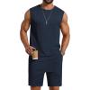 COOFANDY Men’s 2 Piece Outfits Beach Knit Jacquard Sleeveless Shirt and Shorts Sets Summer Athletic Vacation Set(Navy Blue)
