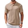 COOFANDY Mens Knit Polo Shirts Short Sleeve Textured Button Down Polo Shirt Cuban Guayabera Summer Beach Shirts(Khaki)