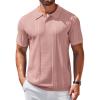 COOFANDY Mens Knit Polo Shirts Short Sleeve Textured Button Down Polo Shirt Cuban Guayabera Summer Beach Shirts(Pink)