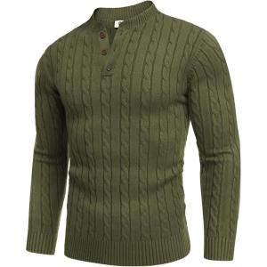 COOFANDY Men Casual Knit Sweater Quarter Button Henley Long Sleeve Slim Fit Twisted Pullover Sweater(Army Green)