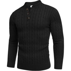 COOFANDY Men Casual Knit Sweater Quarter Button Henley Long Sleeve Slim Fit Twisted Pullover Sweater(Black)