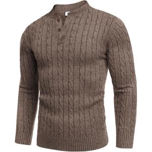 COOFANDY Men Casual Knit Sweater Quarter Button Henley Long Sleeve Slim Fit Twisted Pullover Sweater(Brown and White)