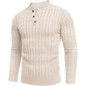 COOFANDY Men Casual Knit Sweater Quarter Button Henley Long Sleeve Slim Fit Twisted Pullover Sweater(Cream Color)