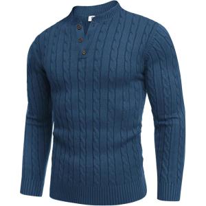 COOFANDY Men Casual Knit Sweater Quarter Button Henley Long Sleeve Slim Fit Twisted Pullover Sweater(Dark Blue)