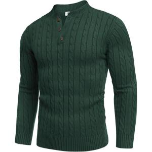 COOFANDY Men Casual Knit Sweater Quarter Button Henley Long Sleeve Slim Fit Twisted Pullover Sweater(Lake Green)