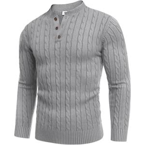 COOFANDY Men Casual Knit Sweater Quarter Button Henley Long Sleeve Slim Fit Twisted Pullover Sweater(Light Grey)