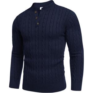 COOFANDY Men Casual Knit Sweater Quarter Button Henley Long Sleeve Slim Fit Twisted Pullover Sweater(Navy Blue)