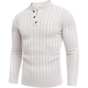 COOFANDY Men Casual Knit Sweater Quarter Button Henley Long Sleeve Slim Fit Twisted Pullover Sweater(White)