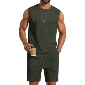 COOFANDY Men’s 2 Piece Outfits Beach Knit Jacquard Sleeveless Shirt and Shorts Sets Summer Athletic Vacation Set(Army Green)