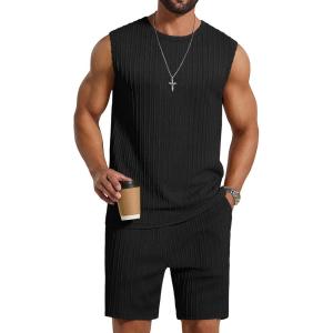COOFANDY Men’s 2 Piece Outfits Beach Knit Jacquard Sleeveless Shirt and Shorts Sets Summer Athletic Vacation Set(Black)