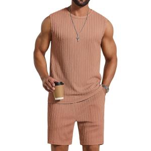 COOFANDY Men’s 2 Piece Outfits Beach Knit Jacquard Sleeveless Shirt and Shorts Sets Summer Athletic Vacation Set(Light Khaki)
