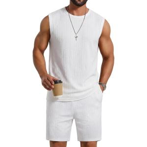 COOFANDY Men’s 2 Piece Outfits Beach Knit Jacquard Sleeveless Shirt and Shorts Sets Summer Athletic Vacation Set(White)
