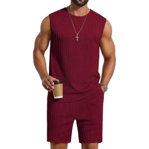 COOFANDY Men’s 2 Piece Outfits Beach Knit Jacquard Sleeveless Shirt and Shorts Sets Summer Athletic Vacation Set(Wine Red)