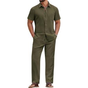 COOFANDY Mens 2 Piece Sets Summer Outfits Short Sleeve Button Down Shirt Loose Pant Sets Beach Vacation Outfits(Army Green)